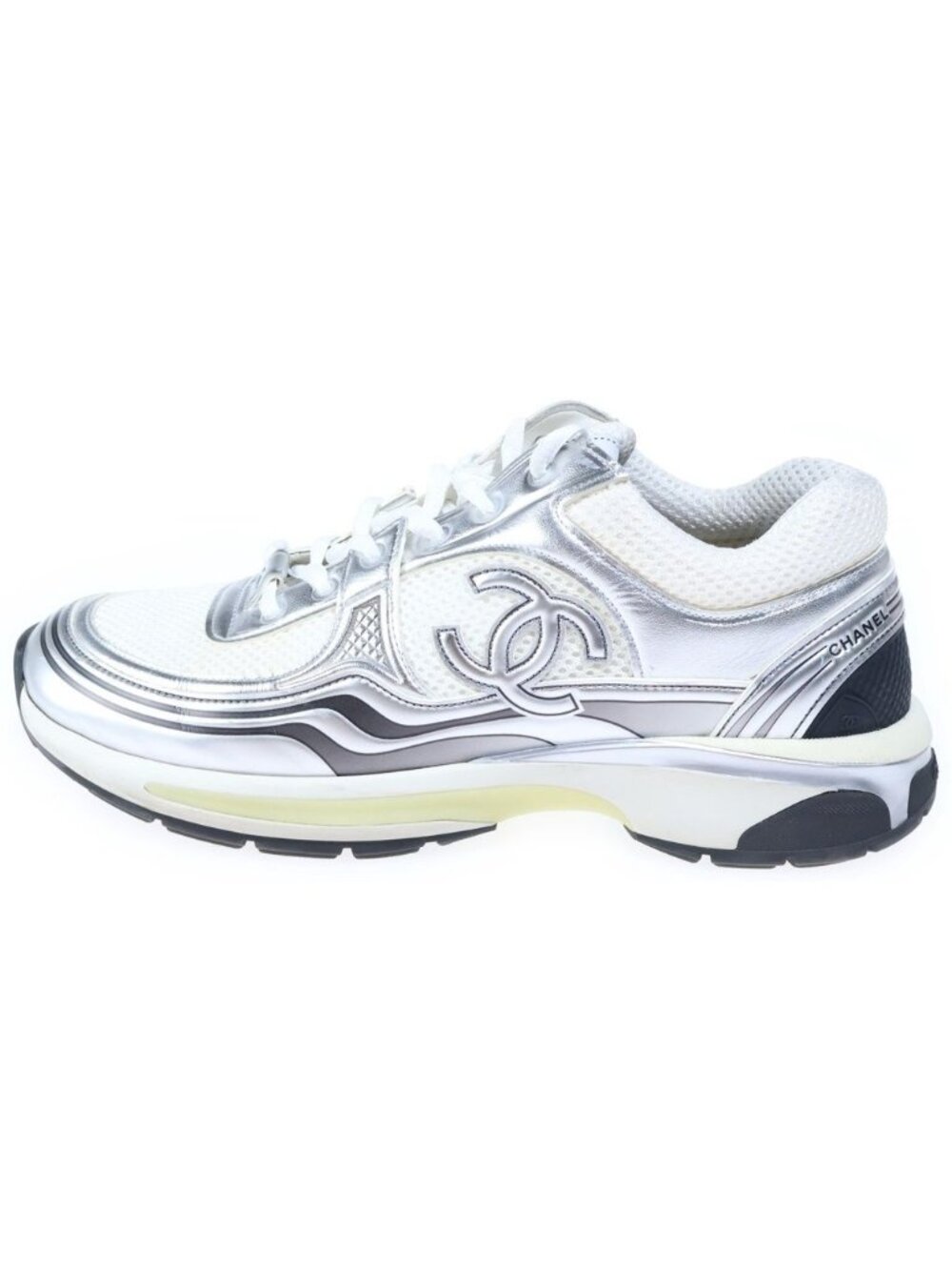 Chanel CC Logo Fabric Mesh Low-Top Sneakers White Silver